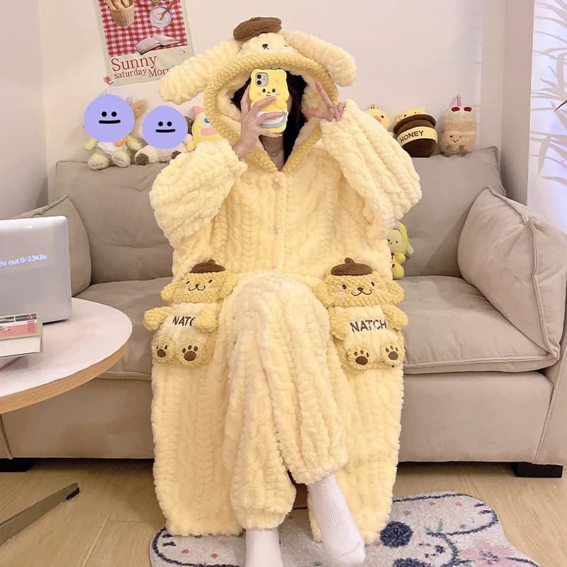 Sanrio Kuromi Pompompurin My Melody Winter Autumn Women's Pijama Set Plush Dress Long Coral Fleece Dress Home Loungewear