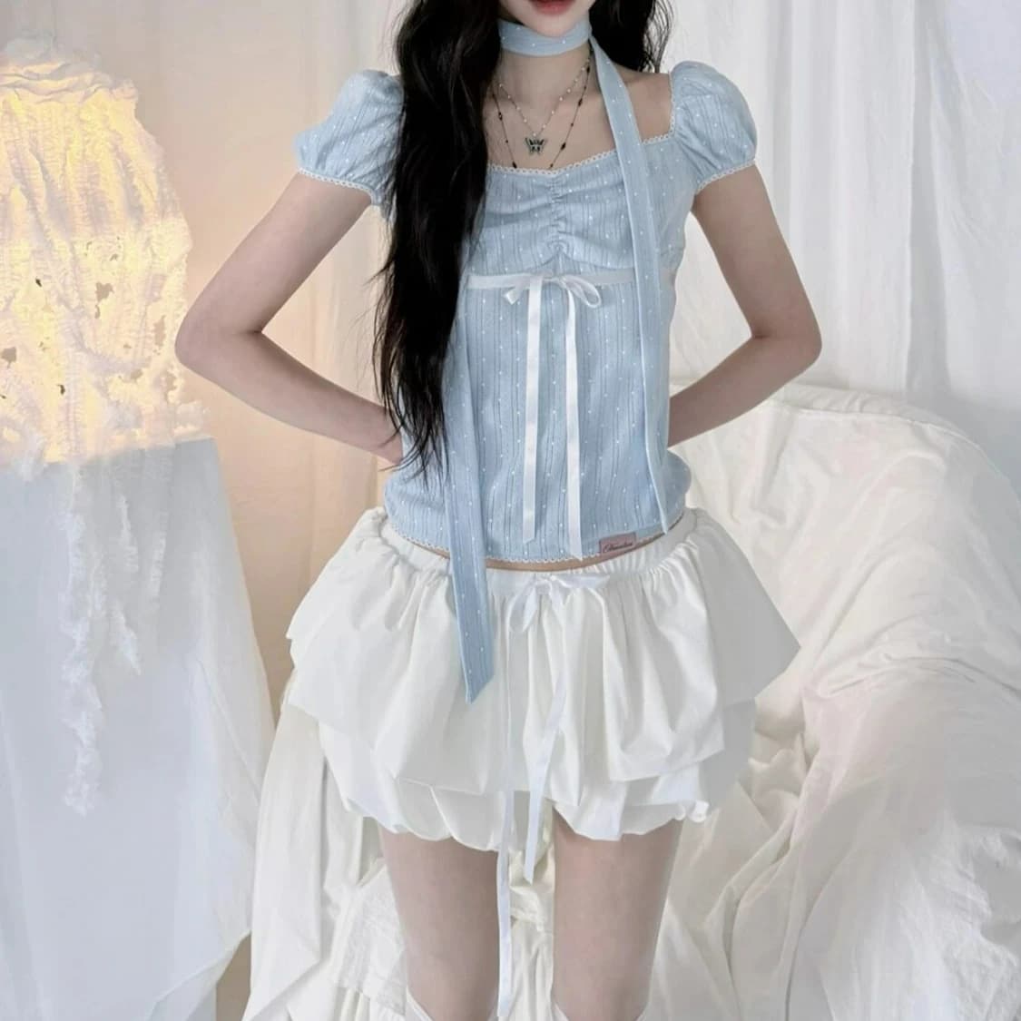 Korean Retro Sweet Lace Patchwork Polka Dot Bow Scarf Short Sleeved T-shirt Top