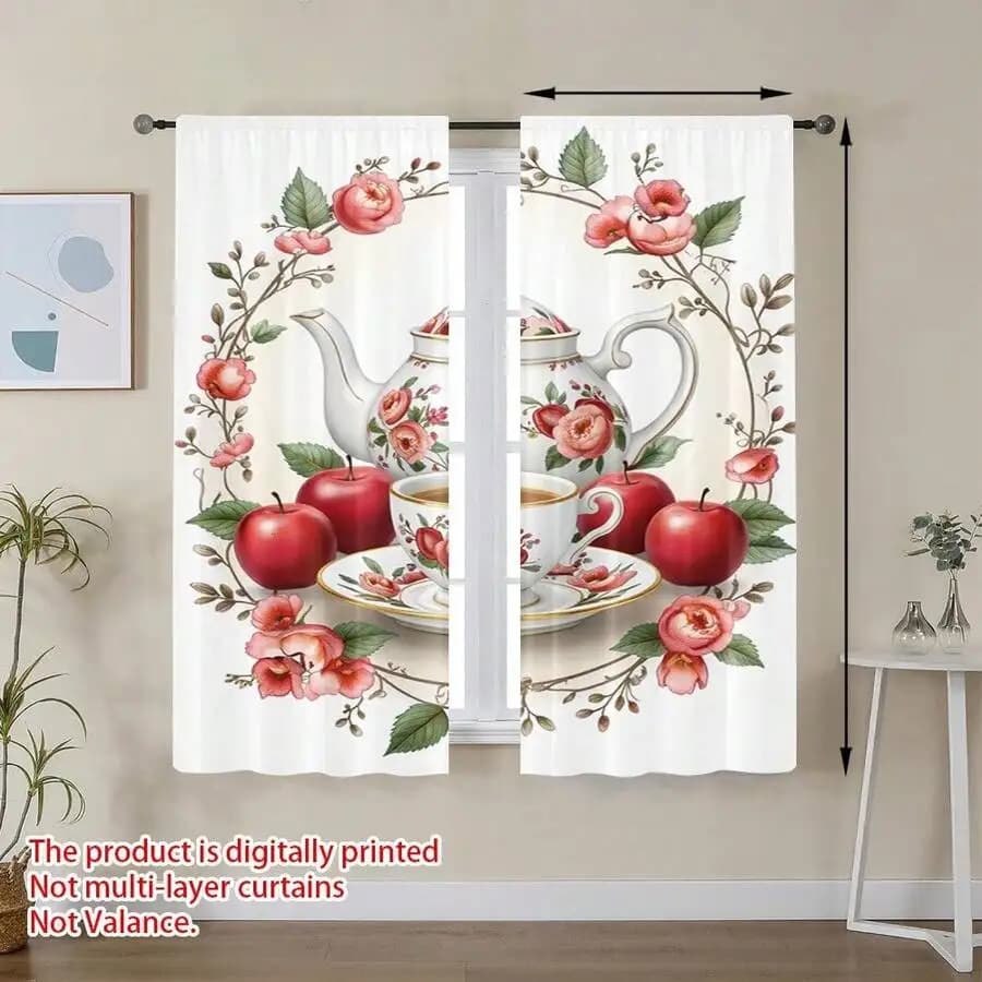 Vintage Floral Curtains With Tea Roses Apples And Teapot Design Semi-Sheer Polyester Window Drapes For Living Room Kitchen
