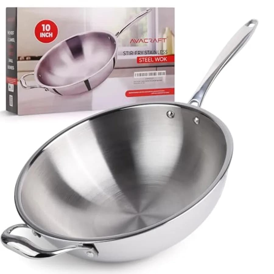 Stir-fry pan for home cooking tri-ply stainless steel silver induction compatible and oven safe with helper handle and flat bot
