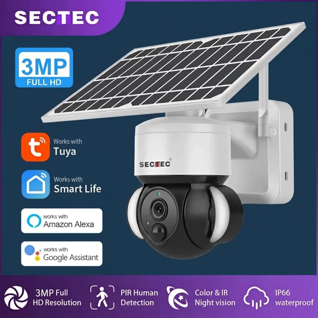 SECTEC Tuya WiFi Camear Solar Panel Battery Security Camear Outdoor 3MP PTZ Camera PIR Detection Color Night Vision IP66