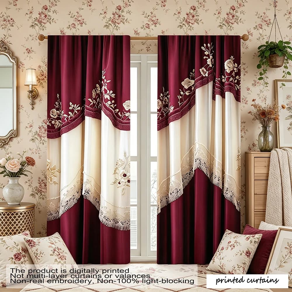 2PCS digital printed curtains, wine red rice white spliced lace floral print pattern, retro light luxury European style