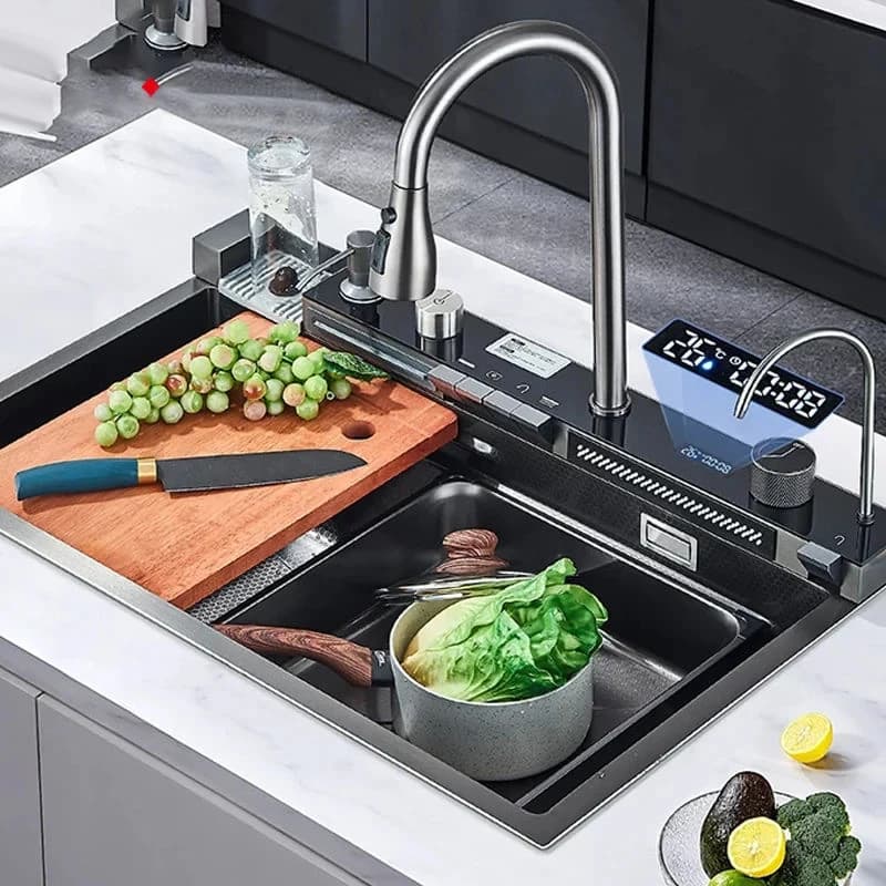 Lavello da Cucina a Cascata in Acciaio Inossidabile, Grande Vasca Singola Integrata 75x45cm con Set Rubinetto, Dispenser Sapone/Acqua Pura/Lavabicchieri