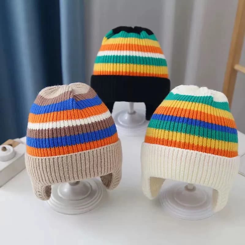 Berretto invernale per la protezione dell'orecchio del bambino berretto lavorato a maglia caldo a righe arcobaleno cappello per paraorecchie antivento per bambini ragazza ragazzo all'aperto