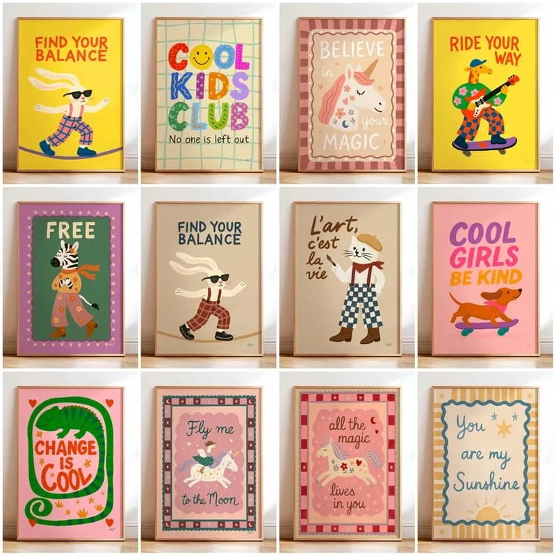 Poster Motivazionale per Bambini, Stampa Boho per Cameretta, Dipinto su Tela con Illustrazioni di Animali Carini, Quadro da Parete per Decorazione Casa