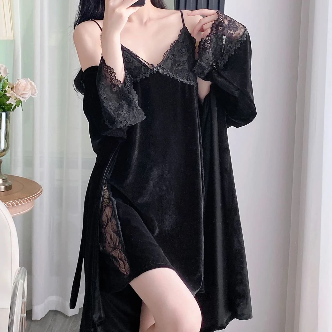 Completo da Notte in Velluto da Donna, 2 Pezzi, con Scollo a V e Pizzo, Camicia da Notte e Vestaglia Kimono, per Primavera, Abbigliamento da Casa