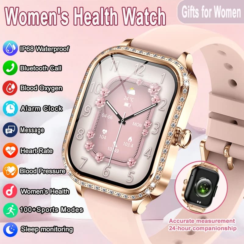 Smartwatch da donna in oro rosa con diamanti, 1,75 pollici HD, chiamate Bluetooth, monitoraggio della frequenza cardiaca, GPS, impermeabile IP68, alla moda.