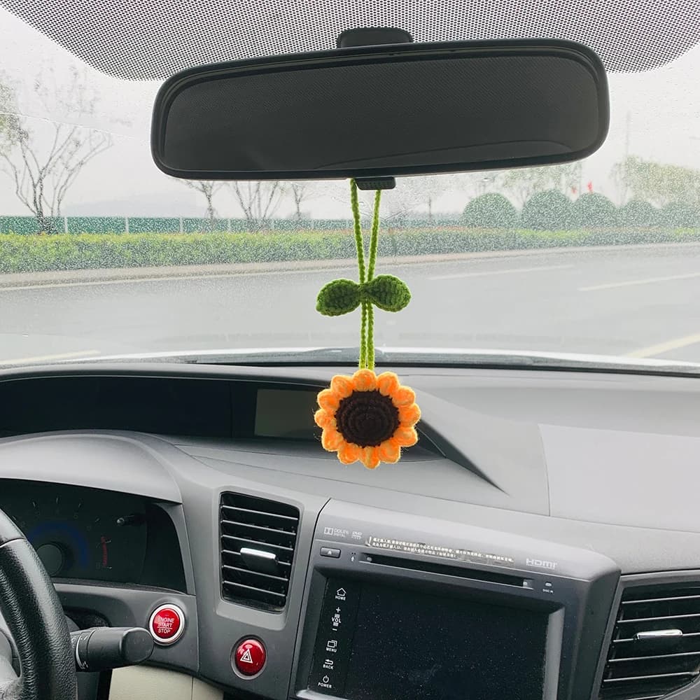Handmade Crochet Sunflower Mirror For Car Accessories Hanging For Women Teenagers Interior Mirror Flower Charm Decor