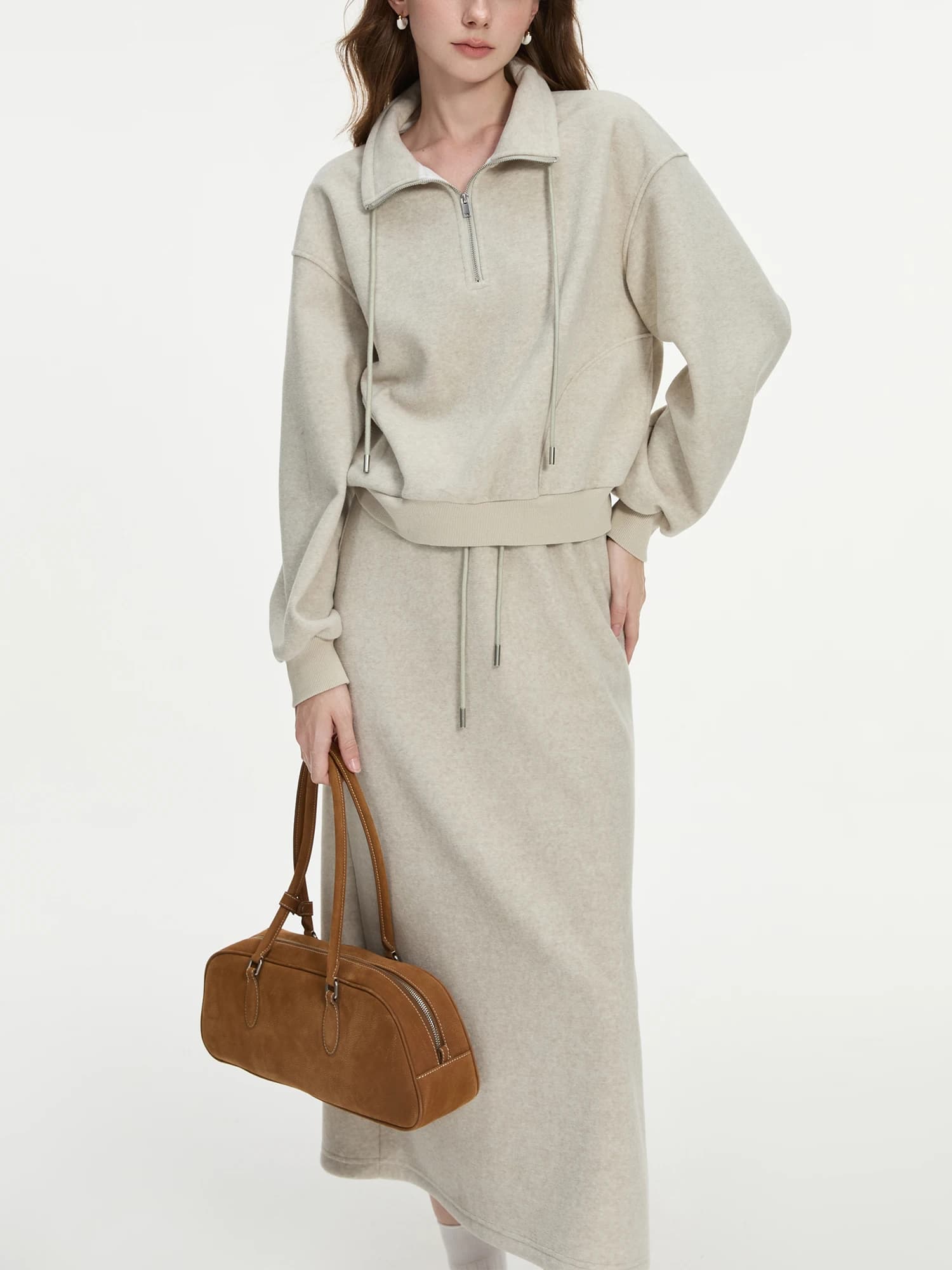 FSLE Women sweatshirt Set winter thick grey sweatshirt for elastic commuters in long life a-line skirt woman 24 fs14491 + 24 fs14492