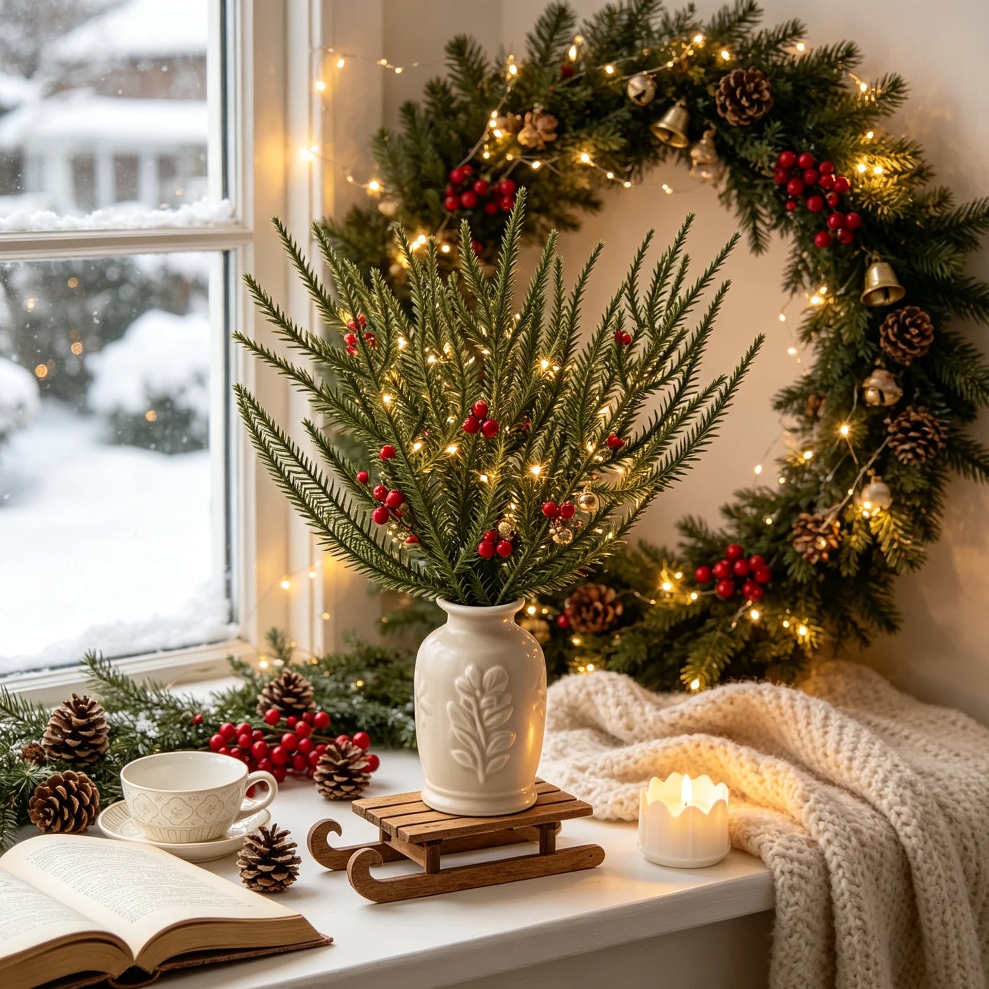 Artificial Plastic Plants Pine Sprig Home Holiday Outdoor Garden Party Decoration Christmas Tree Filler DIY Gift Box Accessories