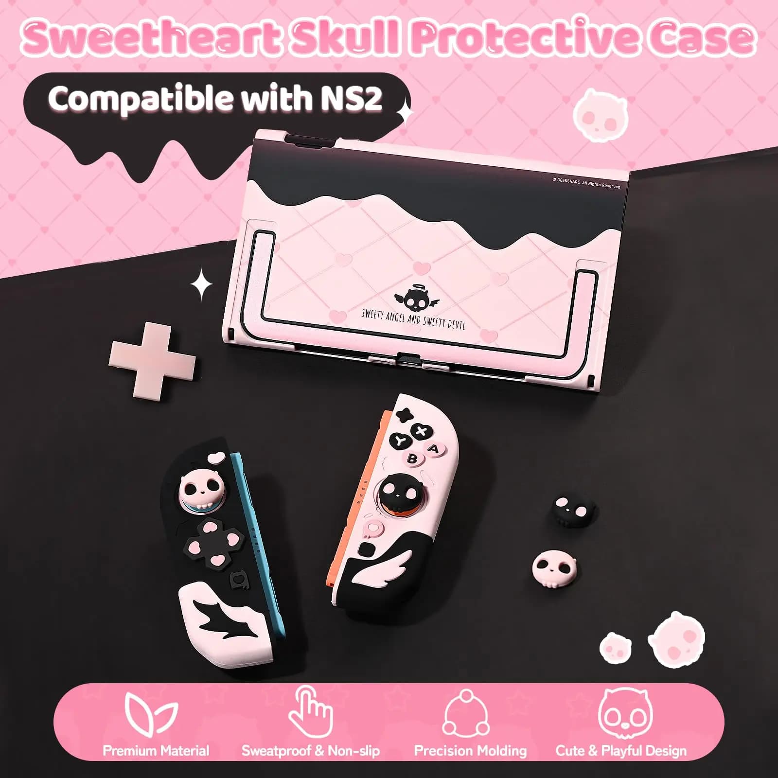 Set di custodie protettive Geekshare Sweetheart Skull compatibili con Switch 2, piastra posteriore in PC, copri joystick in silicone, 2 grip per le pollici