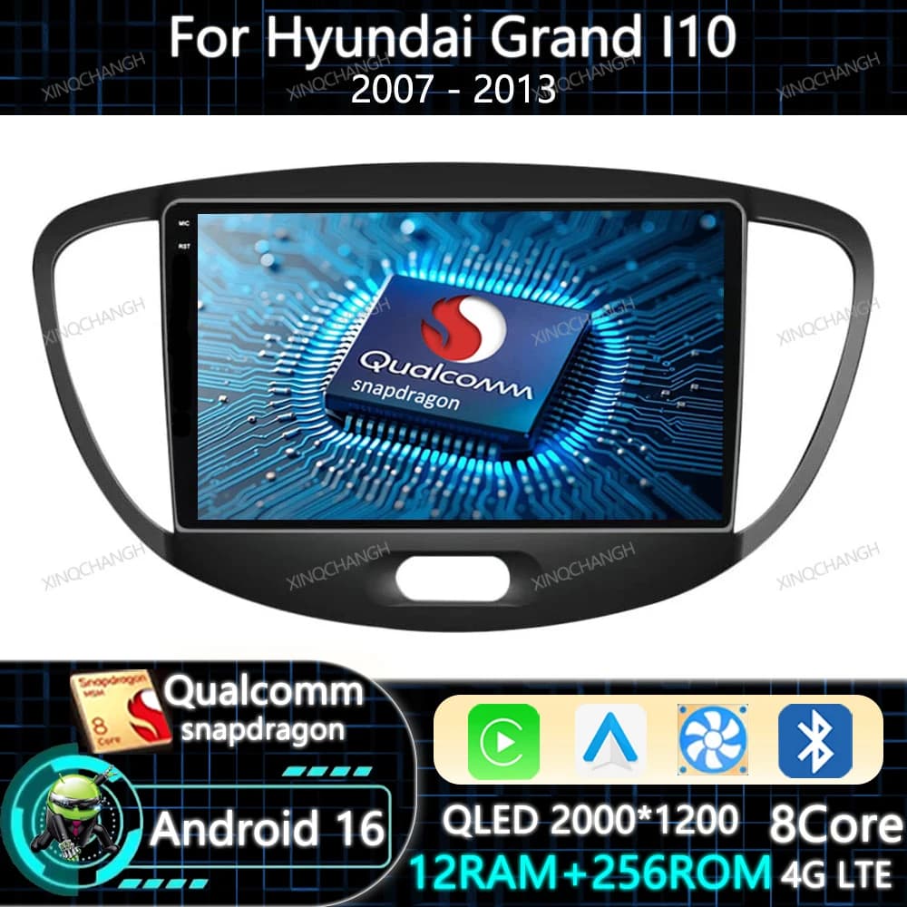 Android 16 Car Radio Carplay Auto For Hyundai Grand I10 2007 - 2013 Multimedia Video Player Head Unit Navigation Qualcomm QLED