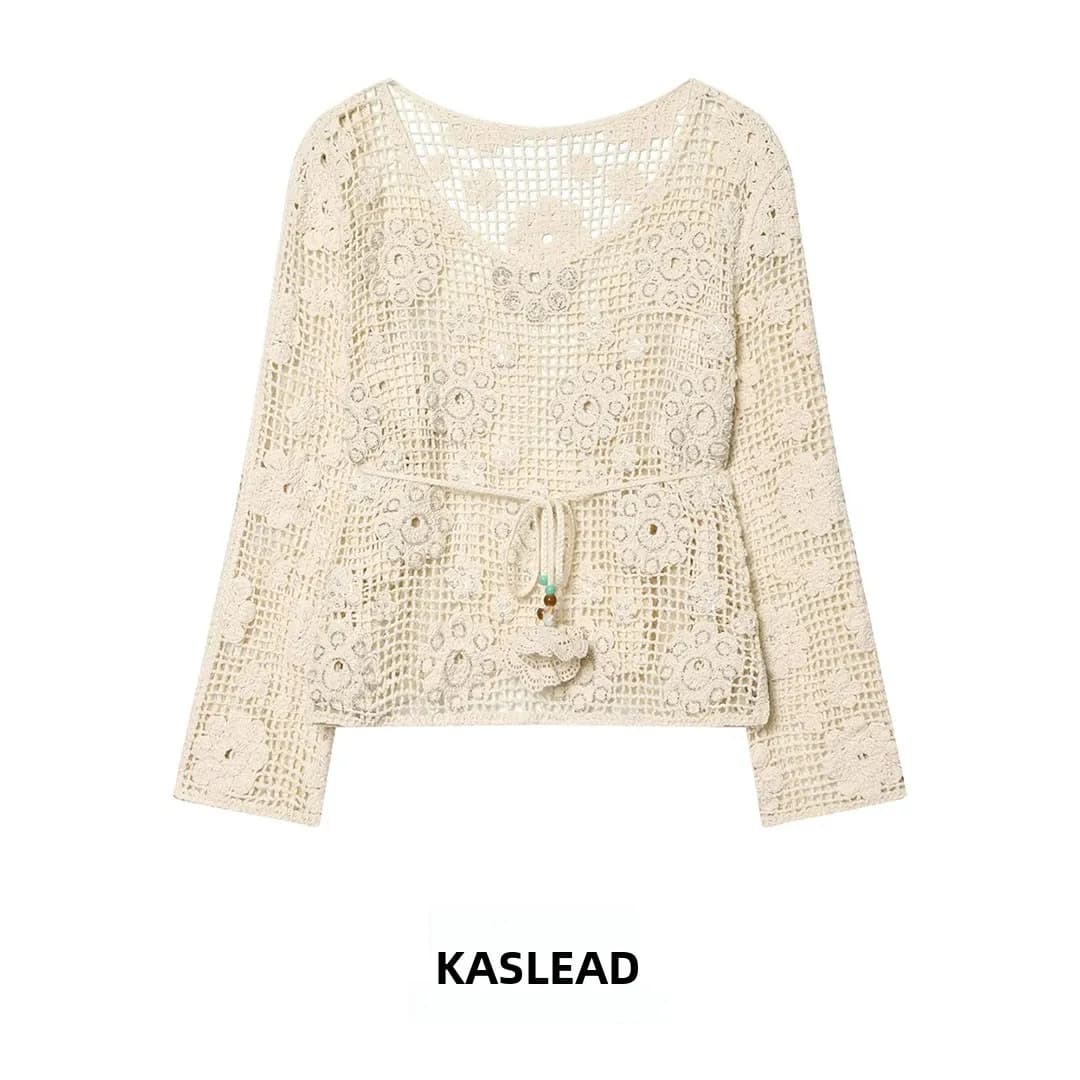 KASLEAD Nuovo Maglione Lavorato a Maglia da Donna alla Moda a Maniche Lunghe con Cintura Decorata a Diamanti Design Versatile Scavato Estate 2026