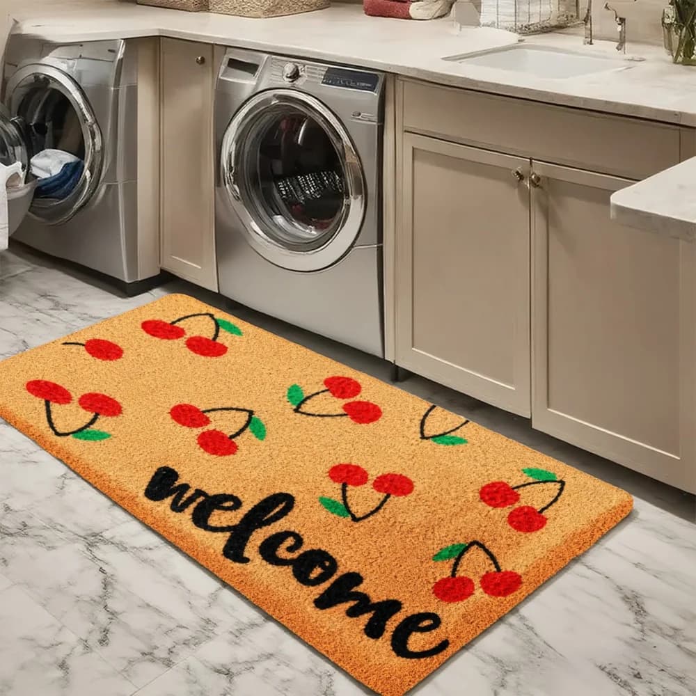 3PCS Mat Set, Home Decoration for Front Door, Kitchen, Cherry Pattern With Welcome Text On Orange Background Kitchen Rug.