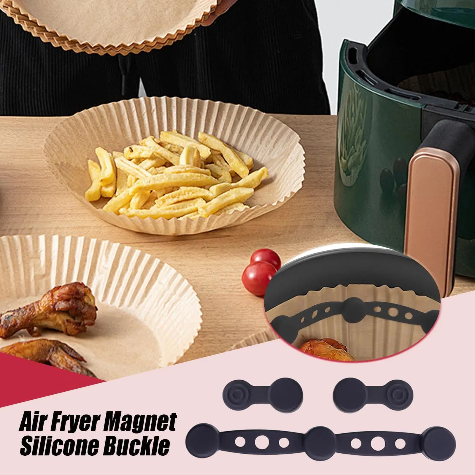 Magneti per friggitrice ad aria per carta pergamena Magnete Fibbia Accessori per friggitrice ad aria Supporto per rivestimento Resistente al calore Prevenire la carta da