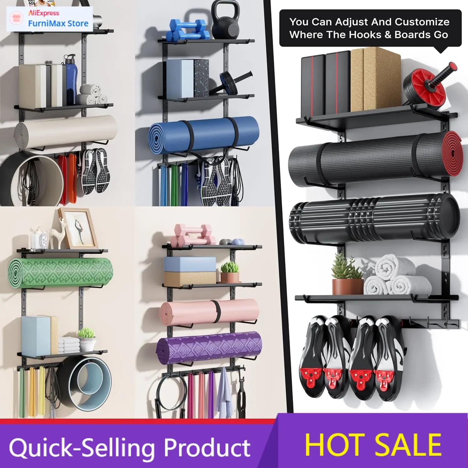 Limited-time promotion: Storage rack for home gym (only shelves), adjustable organizer for wall mounted gym equipment with 2 shelves, yoga mat holder