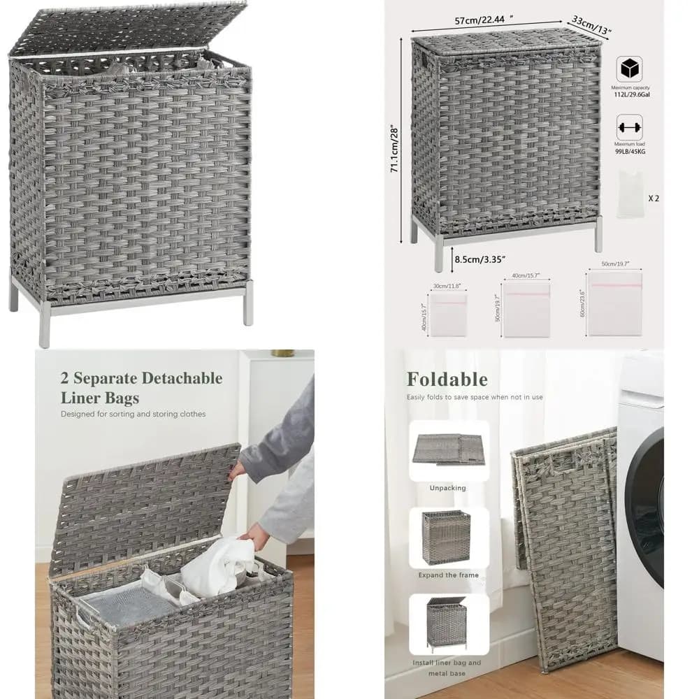 Cesto per Bucato in Rattan Intrecciato a Mano Grigio 112L con Coperchio e 2 Sacchi Interni Rimovibili