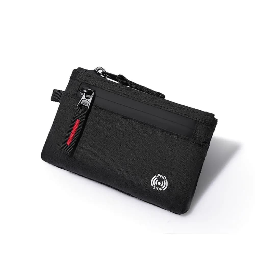 Portafoglio Multifunzione da Uomo in Rete, Antifurto con Cerniera, Porta Carte di Credito RFID, Portachiavi con Moschettone, Portamonete in Nylon