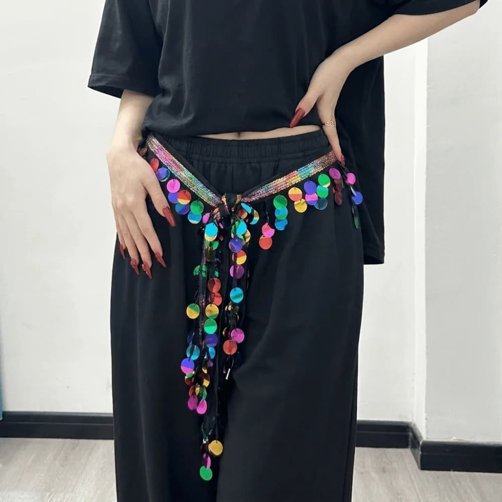 Fashion Creative Belly Dance Belt Glitter Sequins Boho Belly Dance Hip Scarf Long Tassel Classic Sequin Waist Chain Girls