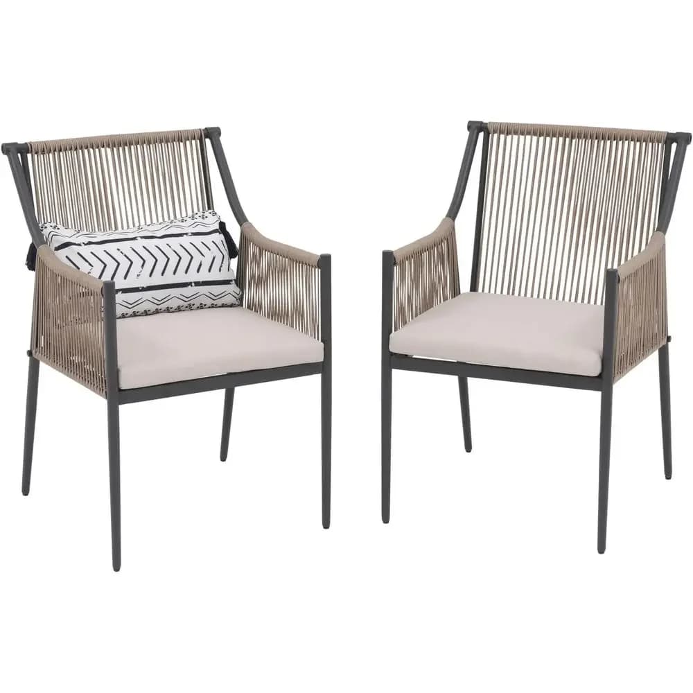 2-Piece Woven Rope Outdoor Dining Set, Weather-Resistant Wicker Chairs with Cushions, Light Beige