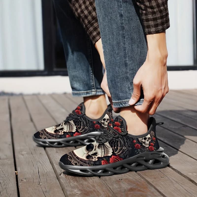 Ladies Men's Plus Size Casual Running Shoes，Inlaid with patterns of the Grim Reaper and roses - Breathable、Anti-slip sports shoe