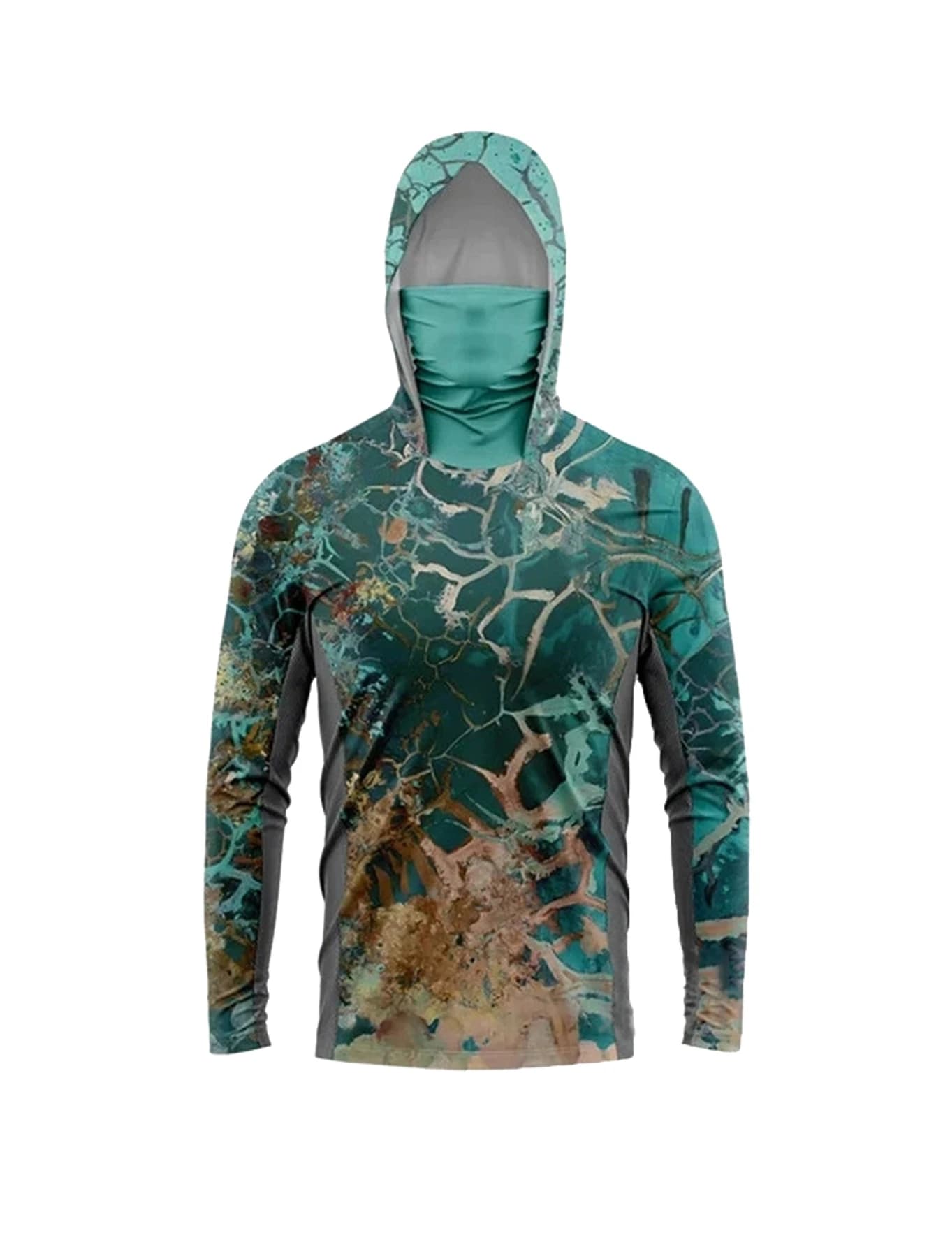 Reef Ocean Camo Men Fishing Hooded Shirt Built‑in Face Mask Anti‑UV Quick Dry Long Sleeve Beach Sailing Outdoor Sports Tops