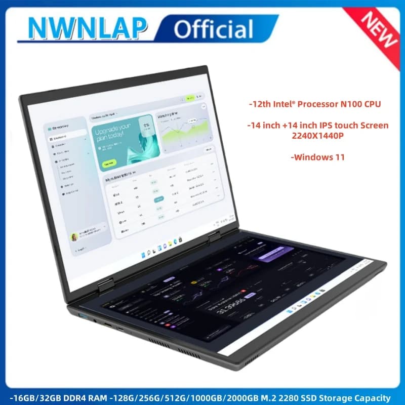 Laptop a doppio schermo 14+14 pollici 2K Touch Screen Notebook 16G 32G Intel N150 N100 CPU con rotazione a 360 gradi, scocca in metallo, computer 2 in 1