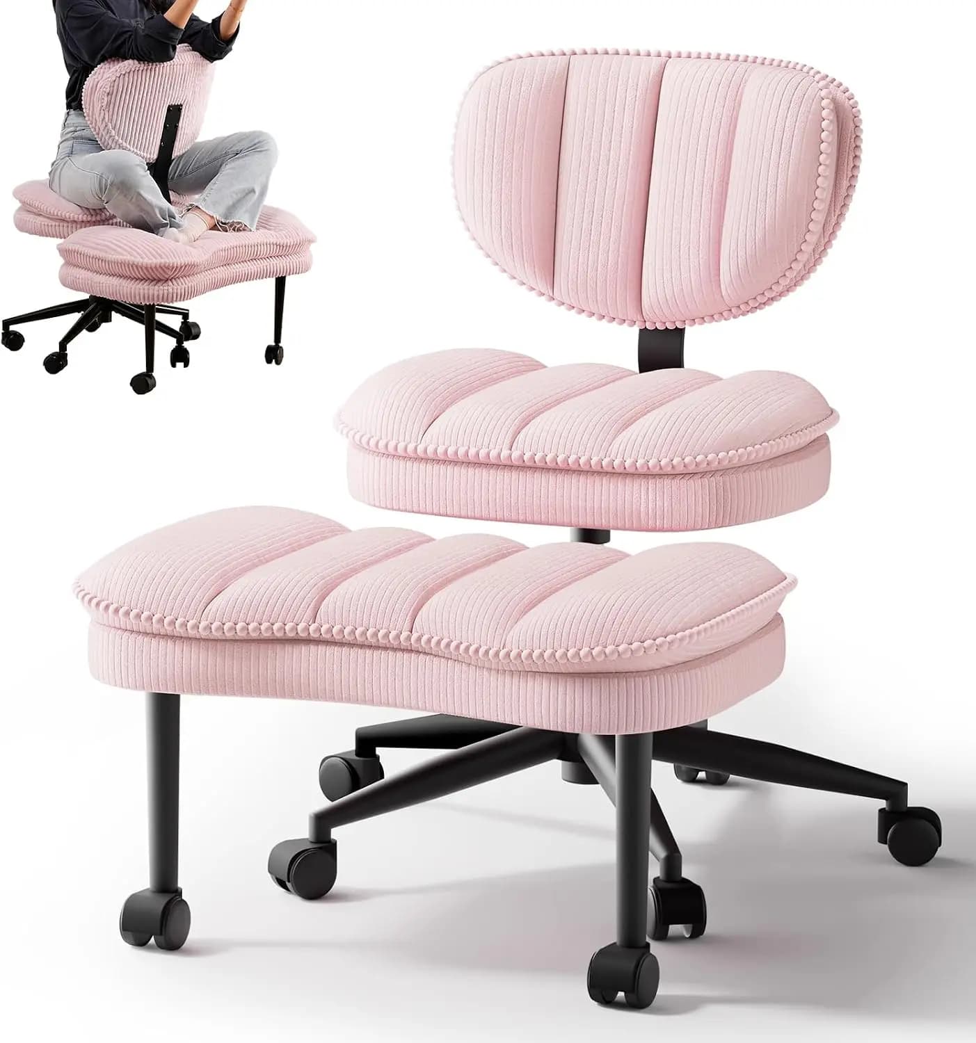 Cross Legged Office Chair with Wheels, Height Adjustable Ergonomic Desk Chair, Wide Cushion & Extended Backrest for Meditation, Kneeling, ADHD Support