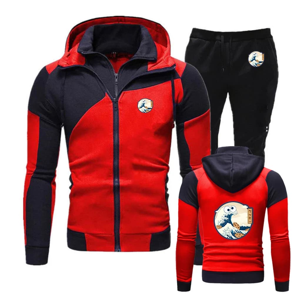 Onde divertenti Logo Stampa Casual Zip-Up da uomo Trendy Comodo Allentato Primavera Autunno Felpa Felpe con cappuccio alla moda Pantaloni Tute