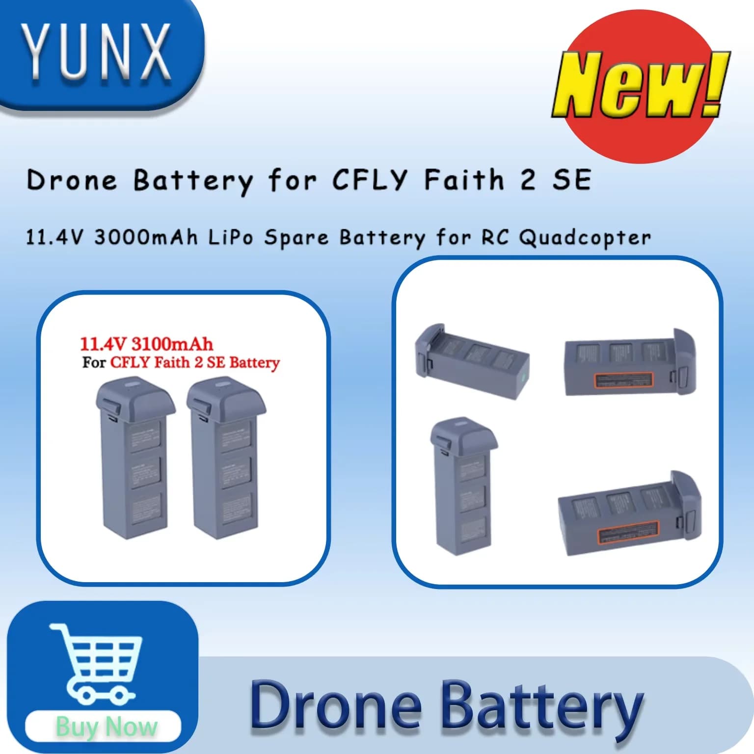 Batteria per Drone CFLY Faith2 SE GPS Pieghevole, Batteria Lipo 11.4V 3100mAh per Quadricottero RC C-FLY Faith 2 SE, Batteria di Ricambio