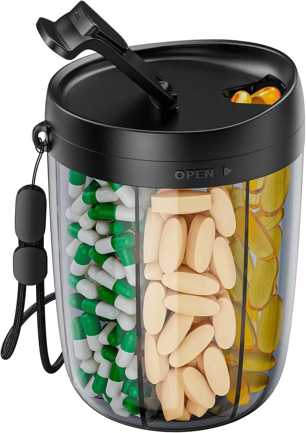 Organizer for travel pills to 6 compartments, container for supplements, brings vitamins and strawberries - Porta Medicina per viaggio