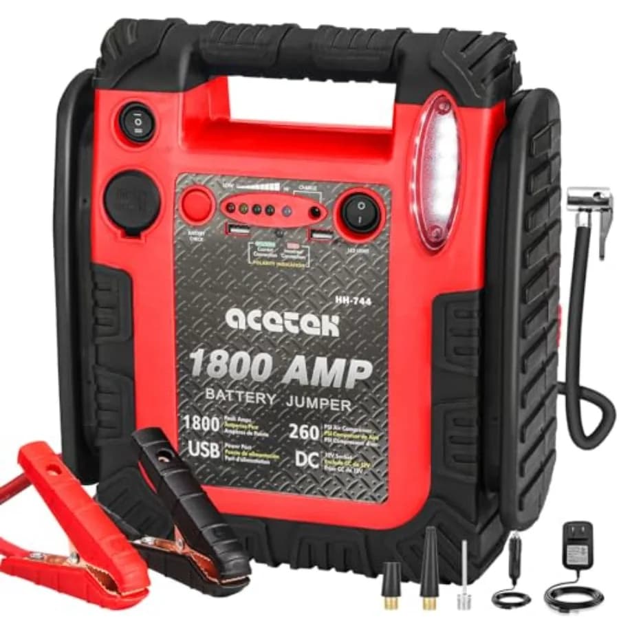 Avviatore di Emergenza 1800 Amp con Compressore d'Aria, Gonfiatore Pneumatici 260 PSI, Batteria 20000mAh 12V per Auto e Batterie al Piombo-Acido