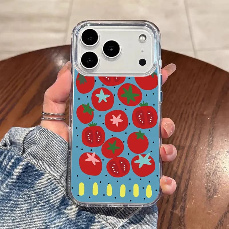 Custodia per telefono antipolvere con motivo a pois e pomodori su sfondo blu semplice per iPhone 17 AIR 16 15 14 13 12 11 PRO MAX MINI 7 8 PLUS