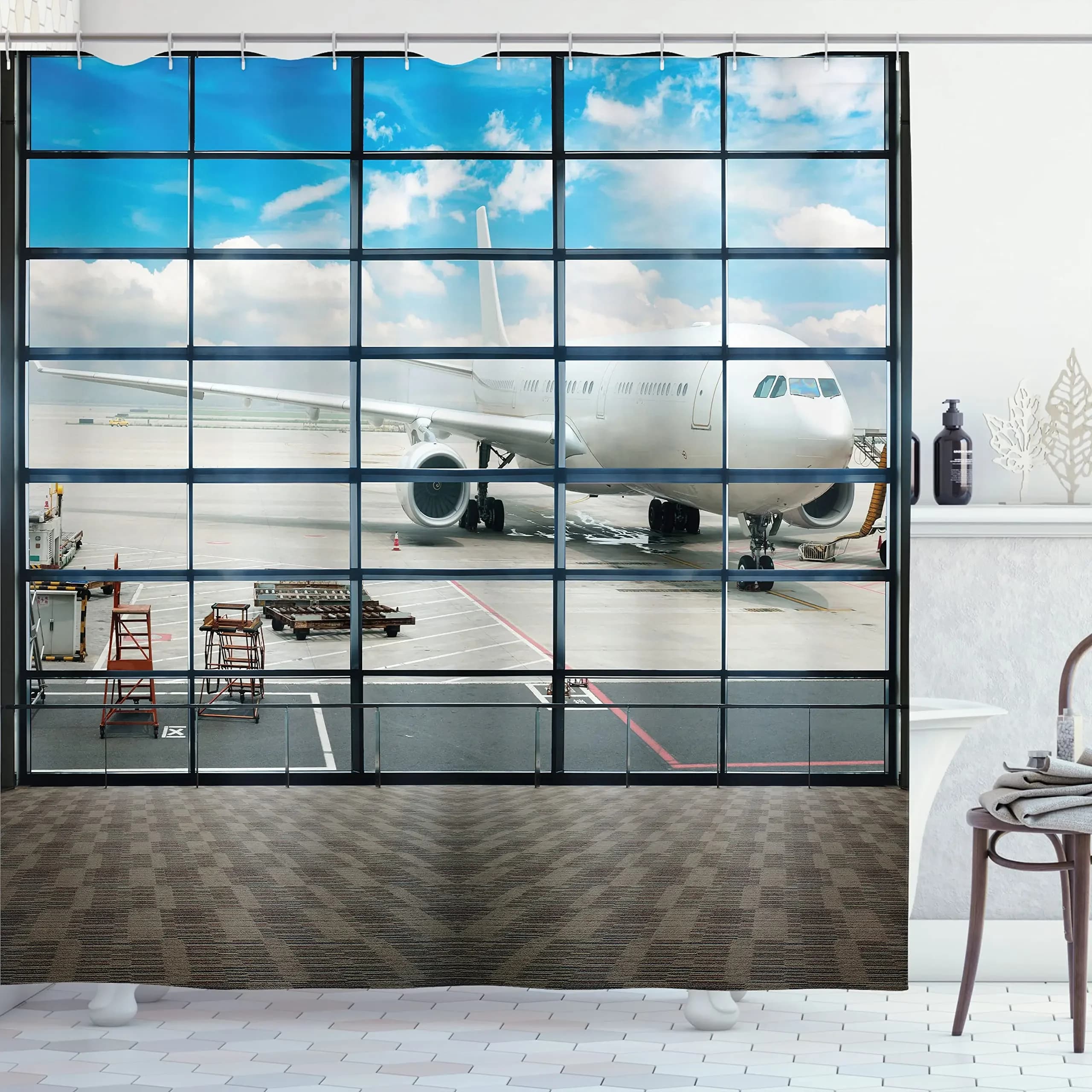 Airplane Shower Curtain Airport Plane Flying Air Force Runway Modern Military Theme Bath Decor Polyester Curtain with Hooks