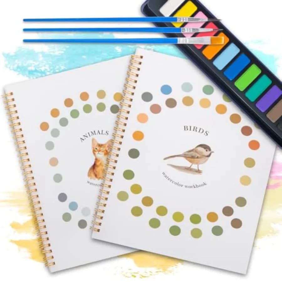 2 Pack Beginner Watercolor Painting Set, 10.2" X 8.2" Watercolors Books with 12 Colors and 3 Brushes, Outlined Sketchbook and G