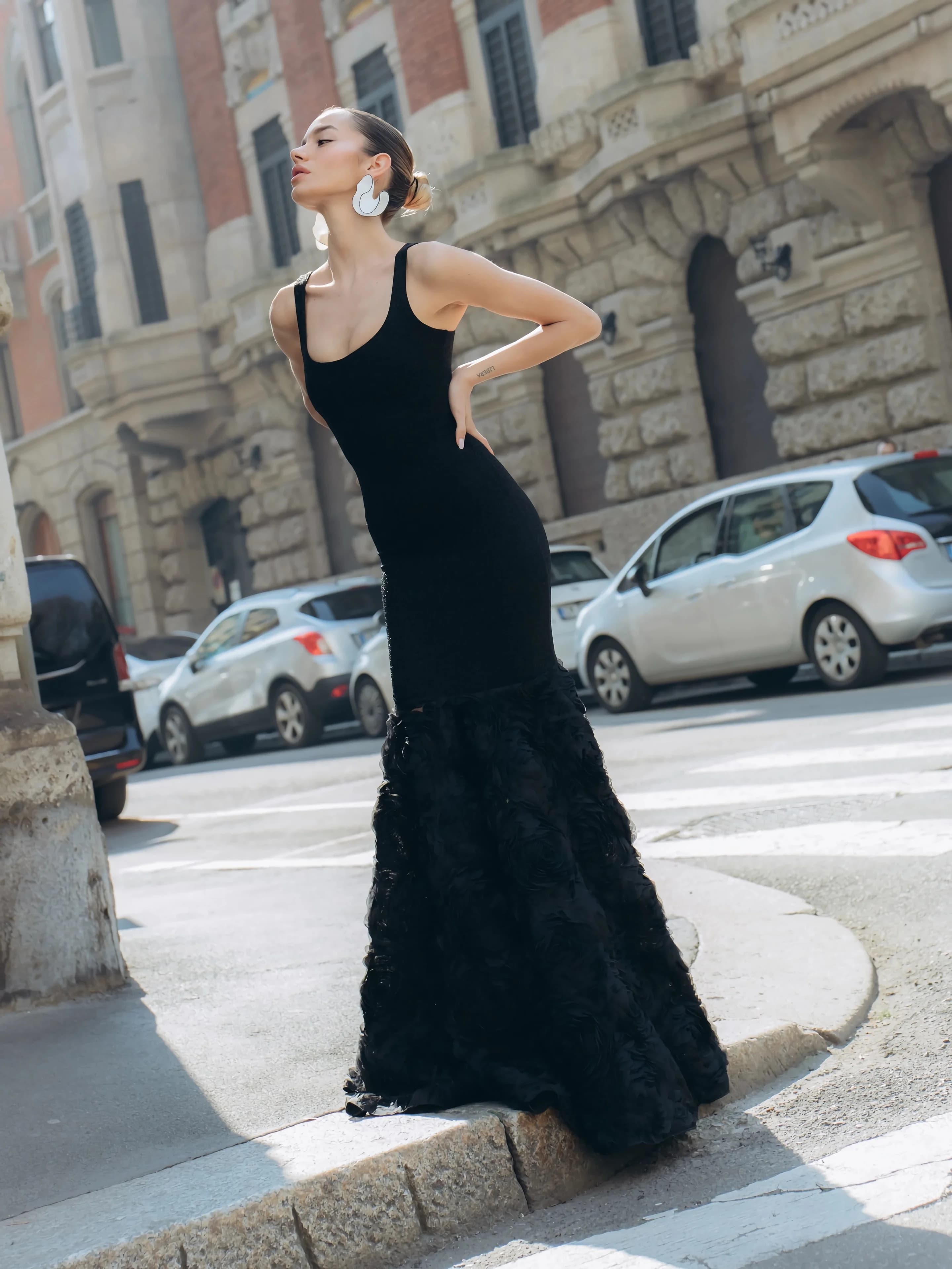 Sexy Black Evening Dress Sleeveless Thin Sparkling Party Dress Women's Elegant Floral Gown Dance Dress for Wedding Guests