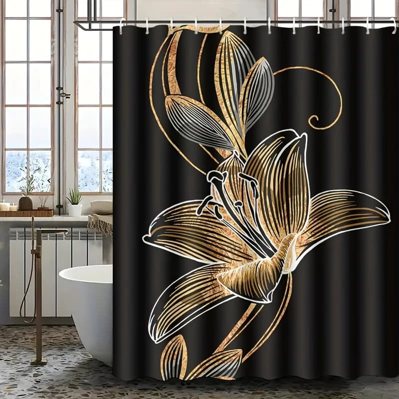 Tenda da doccia con giglio dorato Sfondo nero Design floreale di lusso Elegante arredamento per il bagno Set di tende da bagno in tessuto impermeabile per la casa