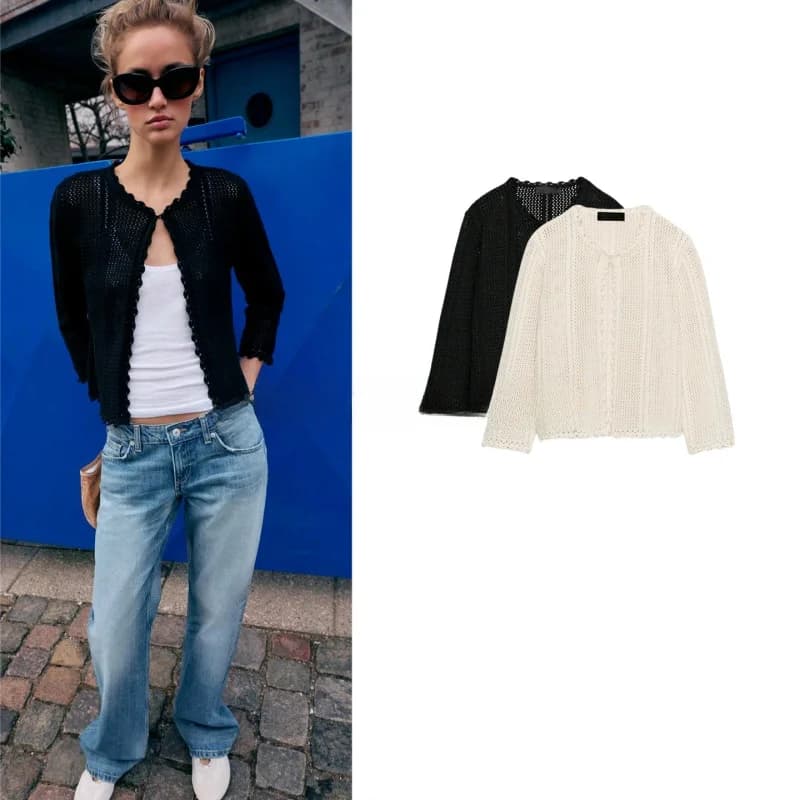 Spring Summer New Women's Invisible Button Long Sleeve round Neck Casual Knitted Jacket Short Style Polyester Fiber 100%