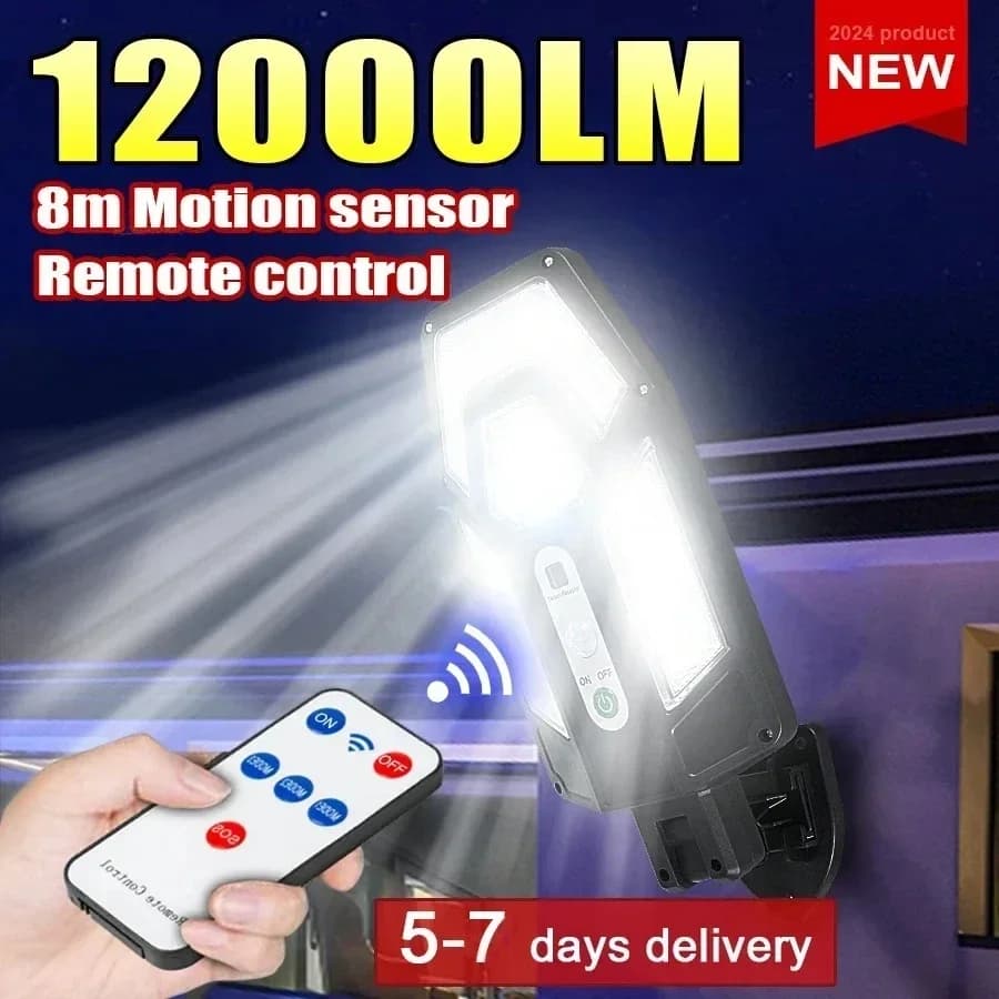 Potente lampada da parete solare 12000LM con telecomando per esterni IP65 Proiettore a LED impermeabile con sensore Lanterna da giardino Lampione stradale