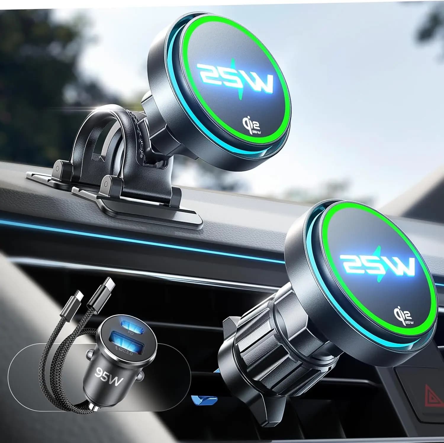 25W MagSafe Car Charger with Cooling Fan and Quick Adapter, Fast Wireless Charging for iPhone and Galaxy