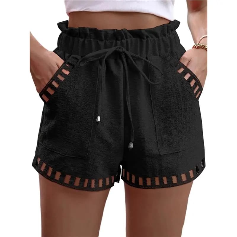 CYL-Women's Plus Size Wide Leg Summer Shorts High Waisted Hollow Out Boho Shorts With Pockets