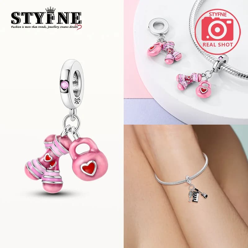 925 Sterling Silver Pendants Plated with handlebars for pink yoga, pendants with kettlebell, suitable for original bracelets, creation of women's jewelry, DIY gifts