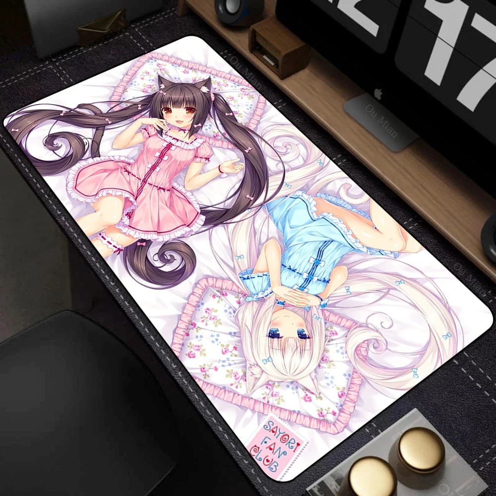 Tappetino per Mouse da Gaming XXL Anime Cat Girl, Base in Gomma Antiscivolo 90x40cm, Grande Tappetino da Scrivania per Gamer, Morbido Tappeto HD per Ufficio