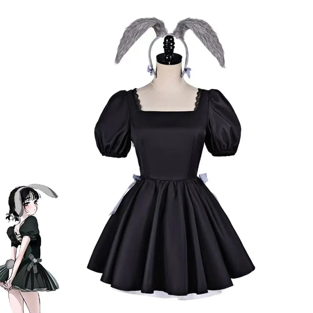Sua Cosplay Sweet Bunny Girl Costume Alien Stage Square Neck Lace Puff Sleeve Black Dress Rabbit Ear Headband Set for Roleplay
