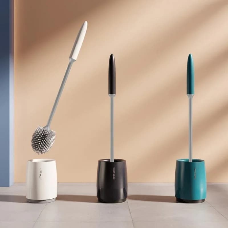 1 set di scopino per WC con testa in silicone, strumento pulito per drenaggio rapido, montaggio a parete o spazzola per pulizia da pavimento, accessori per il bagno