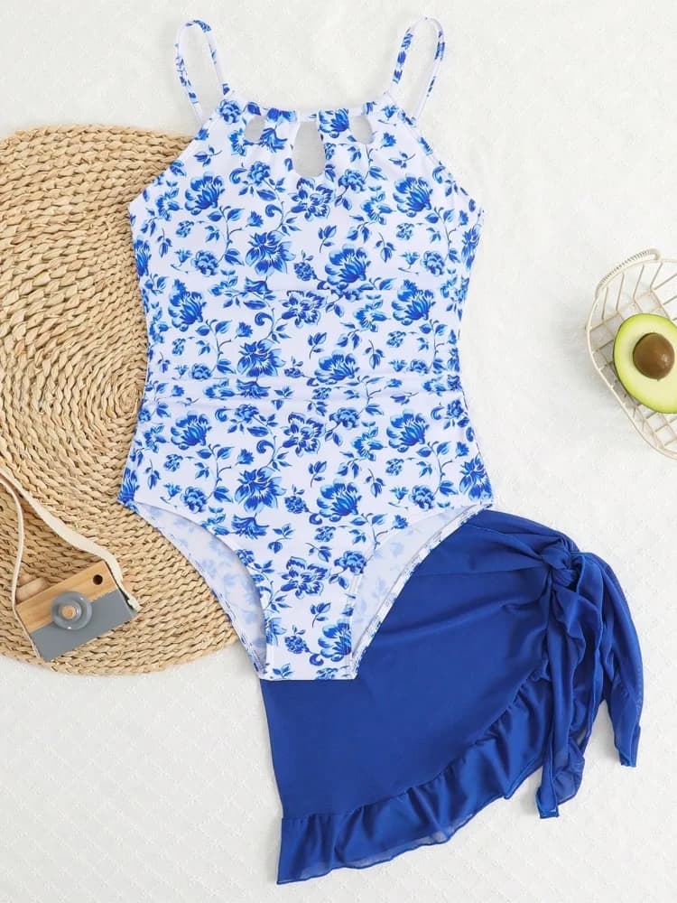 Costume da bagno intero per bambine 2026, nuovo modello blu stampato, con spalline, per l'estate, con copricostume in rete per la spiaggia, ideale per il nuoto