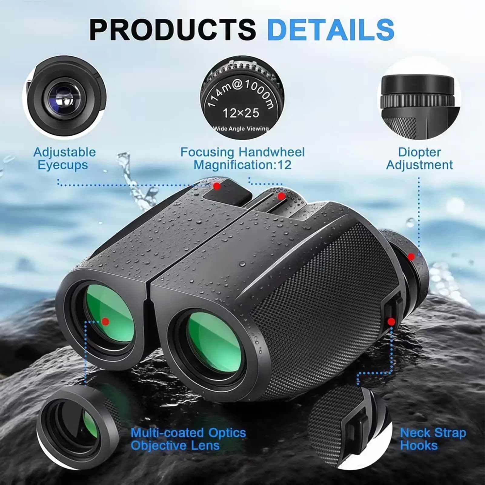 Binocolo per il birdwatching 10x25, impermeabile, con messa a fuoco facilitata, ideale per pescatori, escursionisti, viaggiatori, appassionati di sport e campeggiatori