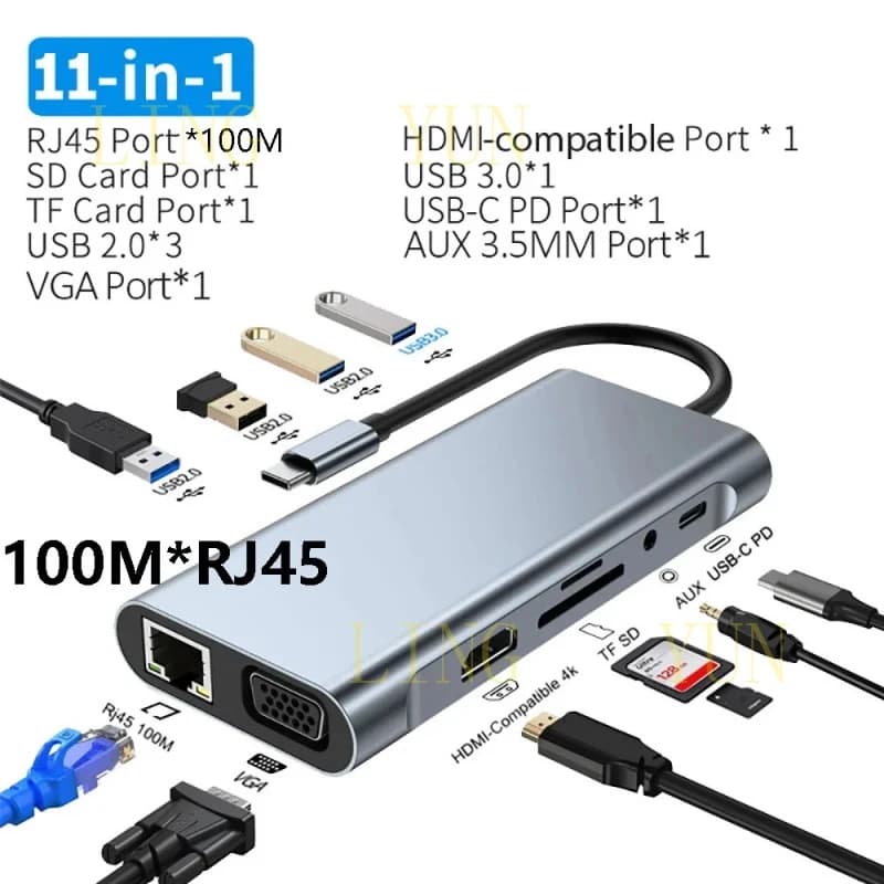 Hub USB C a 11 Porte con Docking Station, Adattatore RJ45 Compatibile con HDMI 4K, VGA, SD/TF