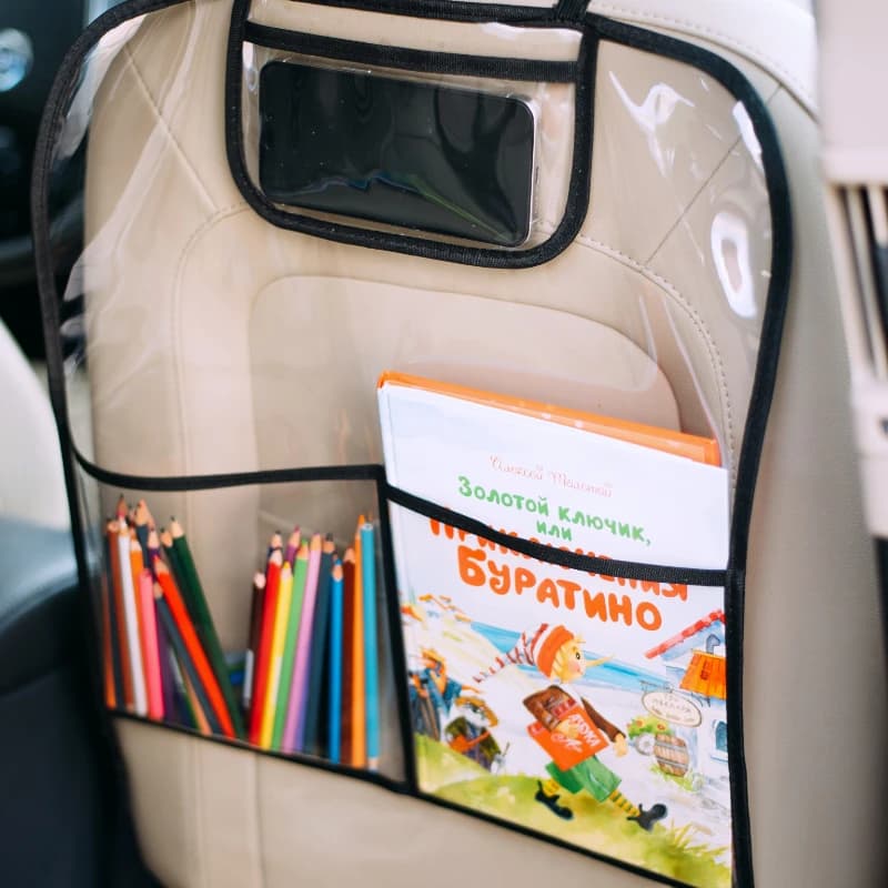 Protections for the back of the car seat, anti-calcium bearing for back of the chair, protection from dirt, mud, scratch resistant with 2 mesh pockets