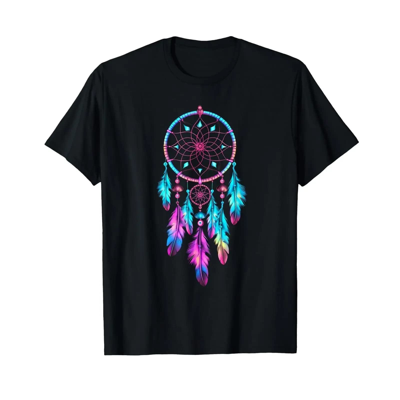 Colourful Dream Catcher Feather Tribal Indian Tattoo Dreamcatcher T Shirt vintage Washed Breathable graphic Comfortable homme